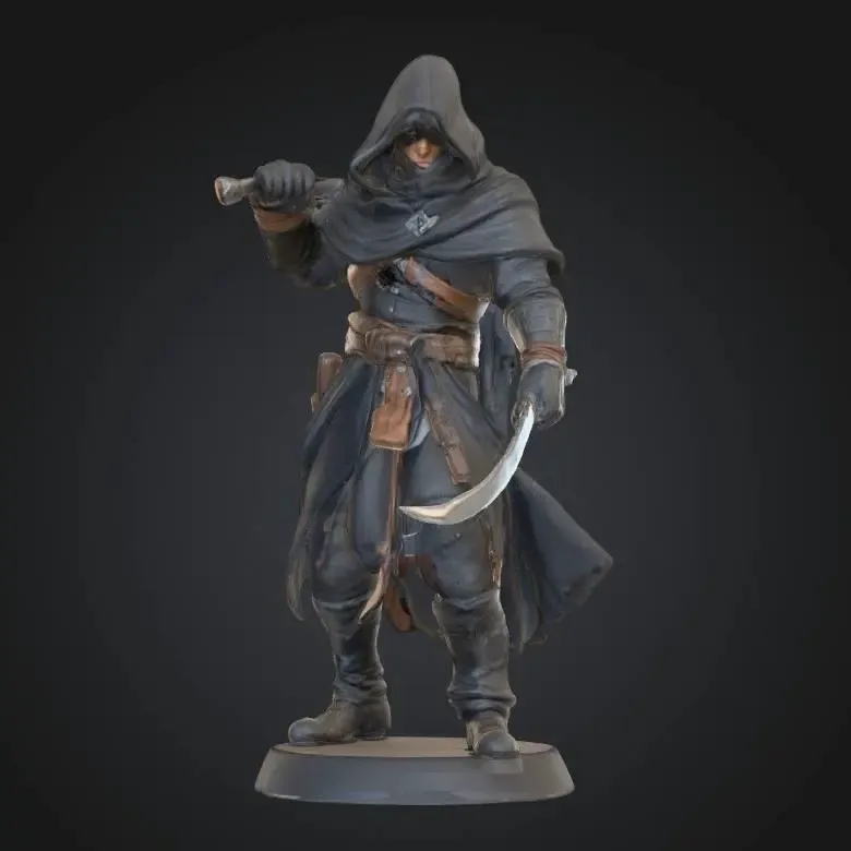 Rogue Miniature STL, 28mm Hooded Assassin, Dual Daggers, RPG