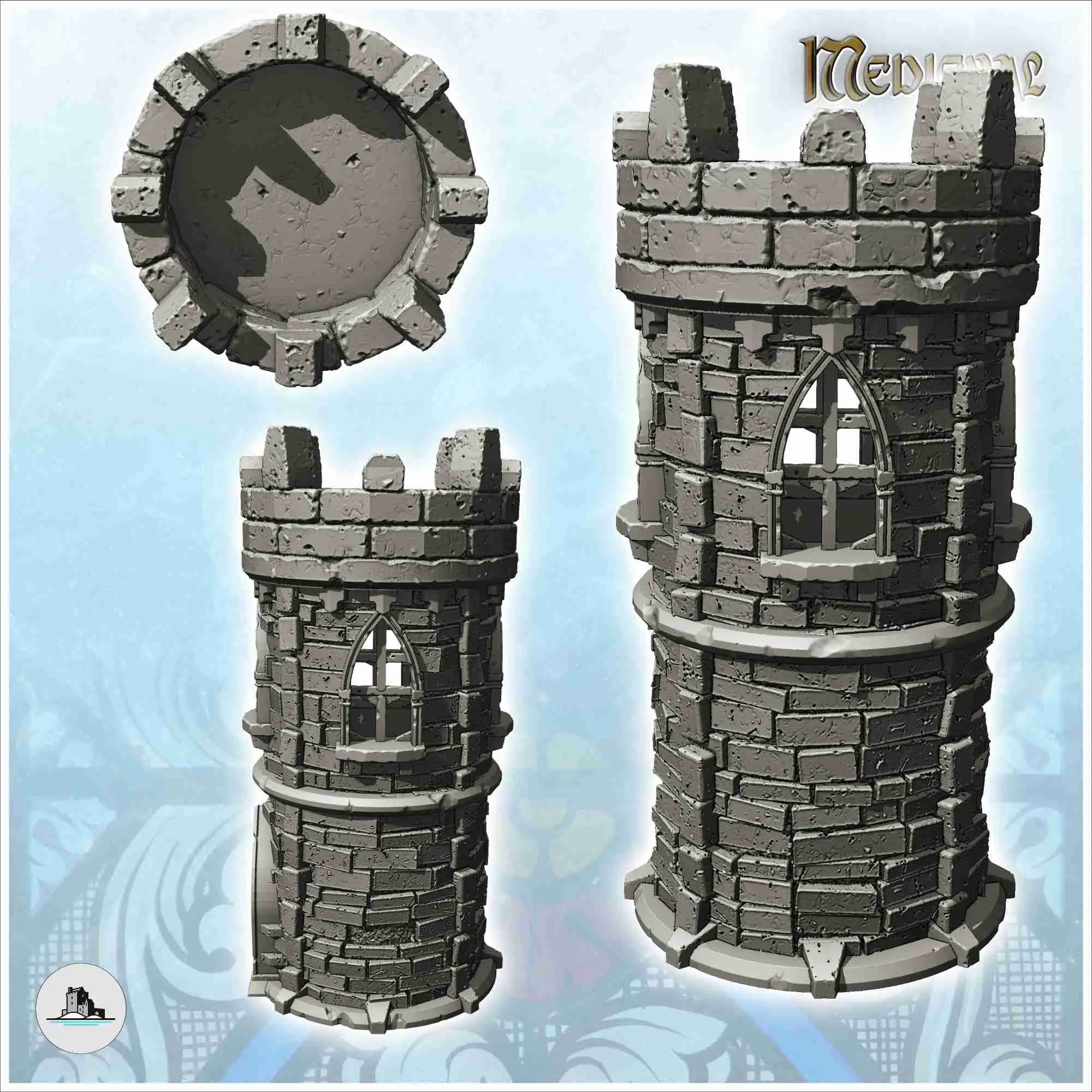 Turn medieval rotund din piatră cu creneluri și fereastră gotică