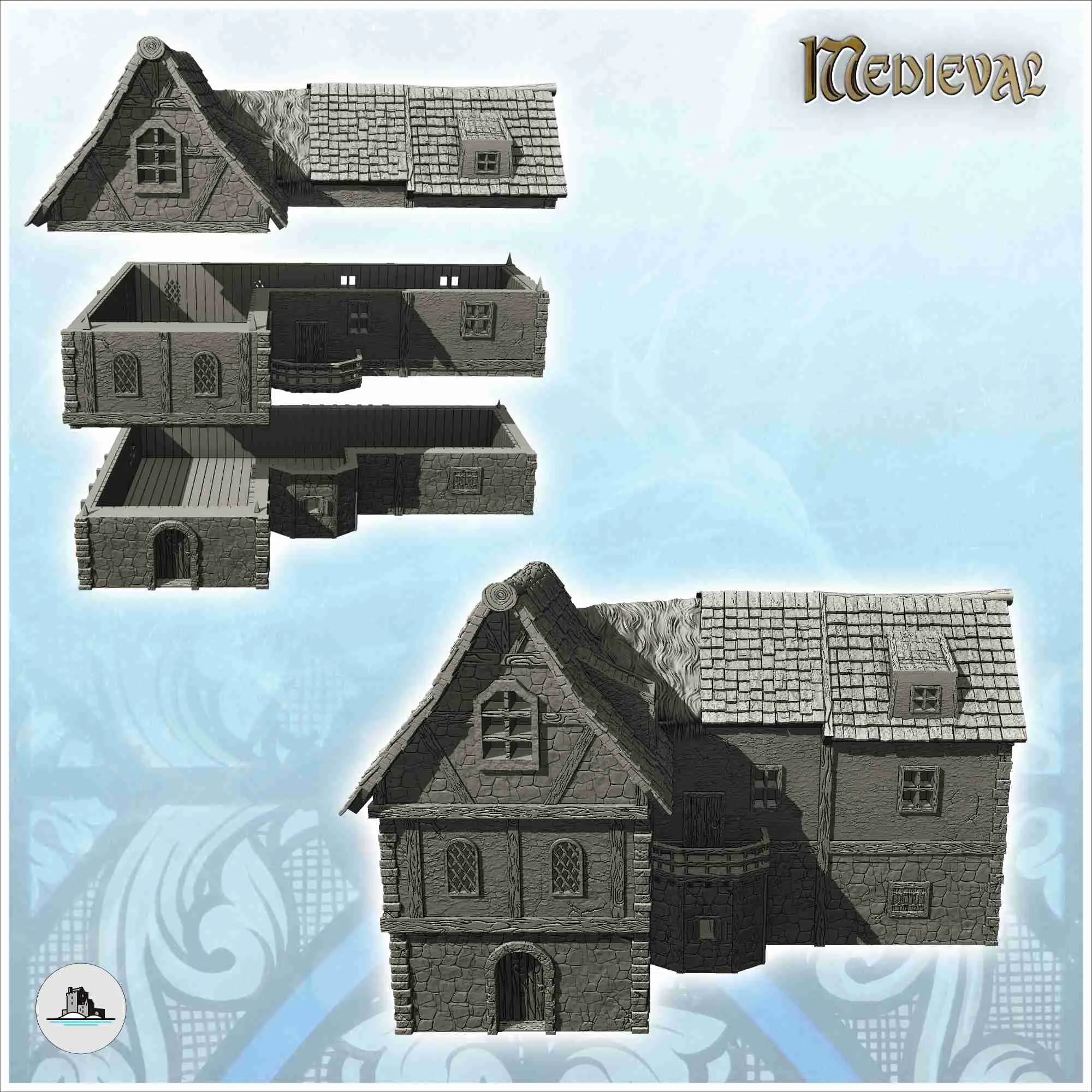 Casa medieval com varanda e telhado misto de colmo e ardósia
