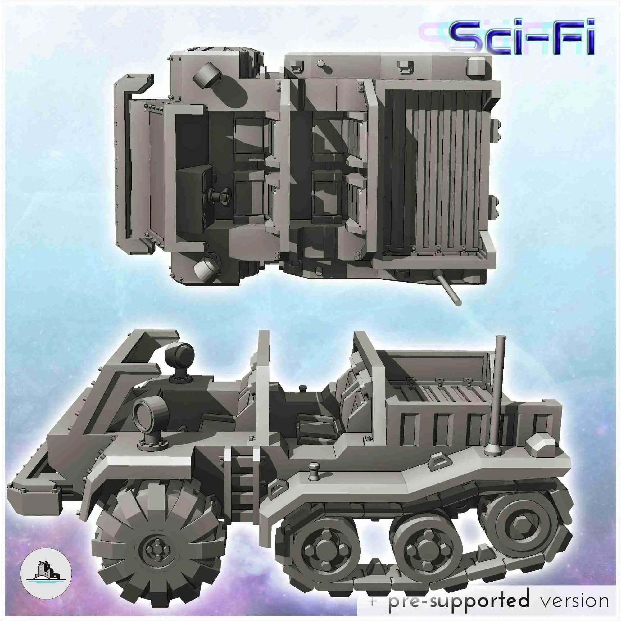 Futuristic half-track transport vehicle with cargo and anten