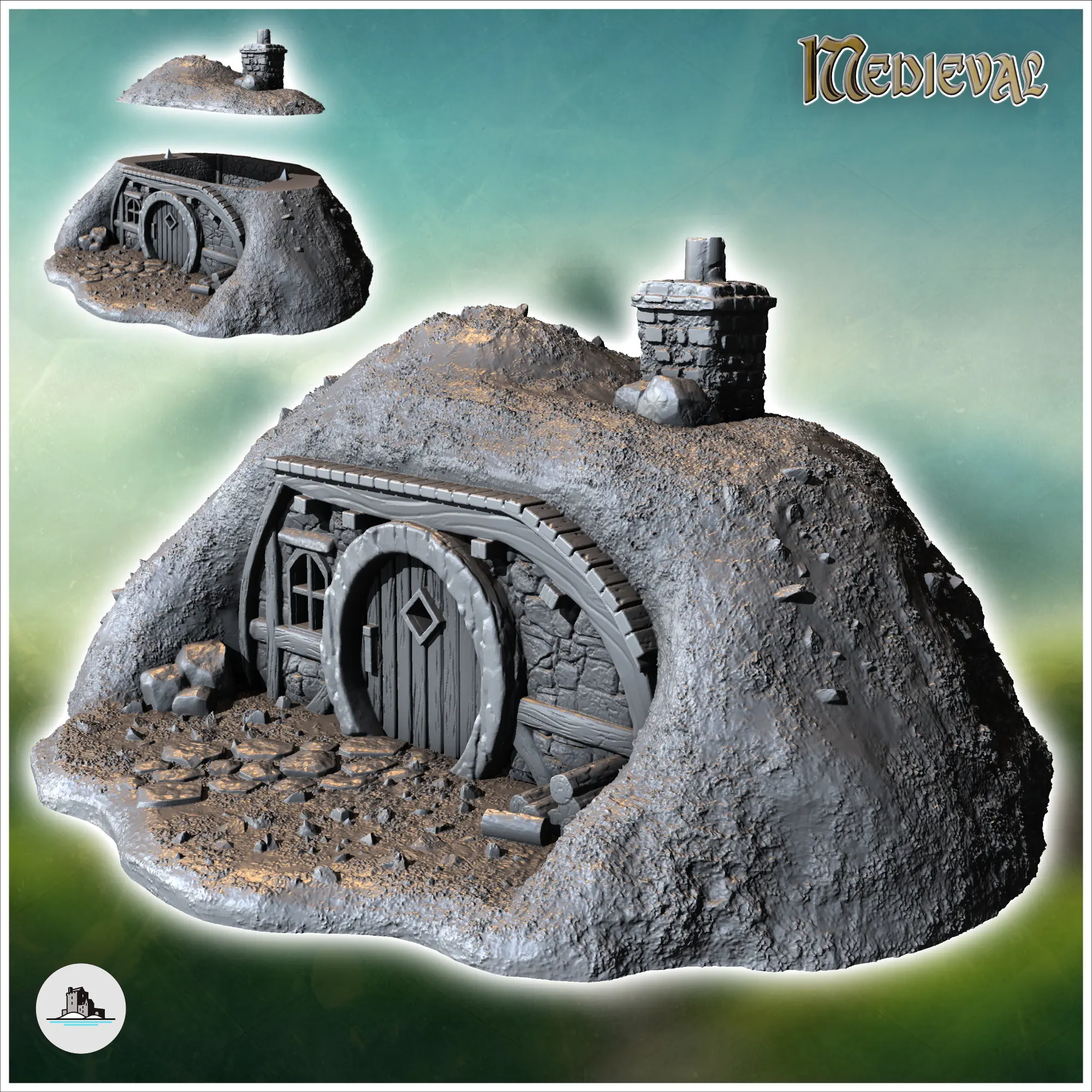 Hobbit house under ground with round door, fireplace and woo