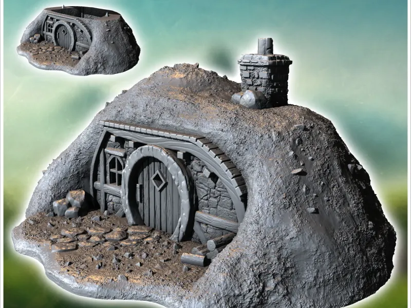 Casa degli Hobbit sotto terra con porta rotonda, camino e woo