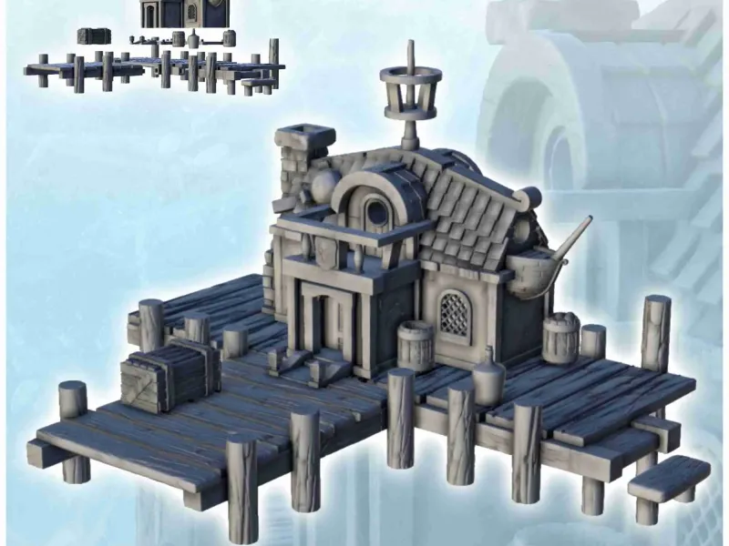 Edificio portuario medieval de madera con muelle y mástil de madera (7