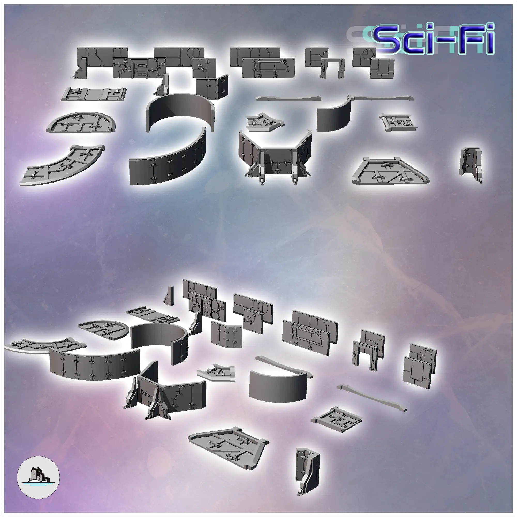 Modular futuristic Sci-Fi fortified bunker with corner metal