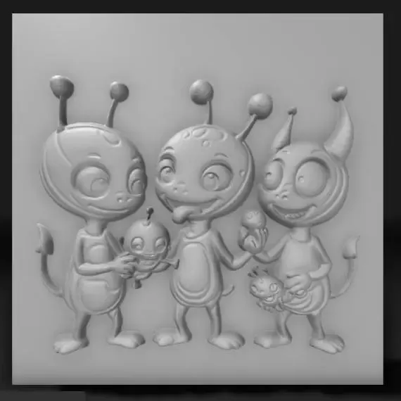 group of cute aliens exchanging weird toys