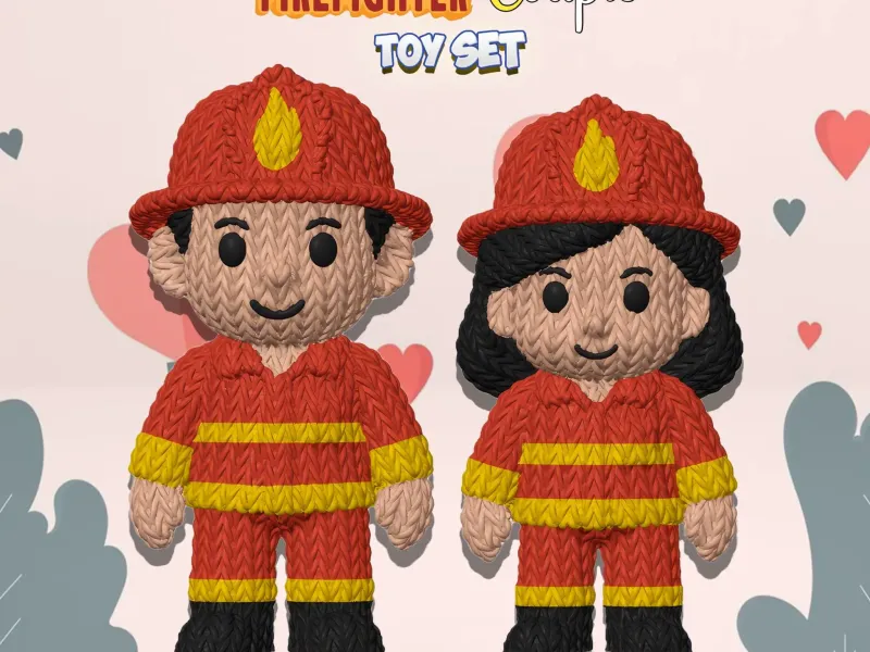 Cute Firefighter Boy and Girl Couple – Knitted – Crochet