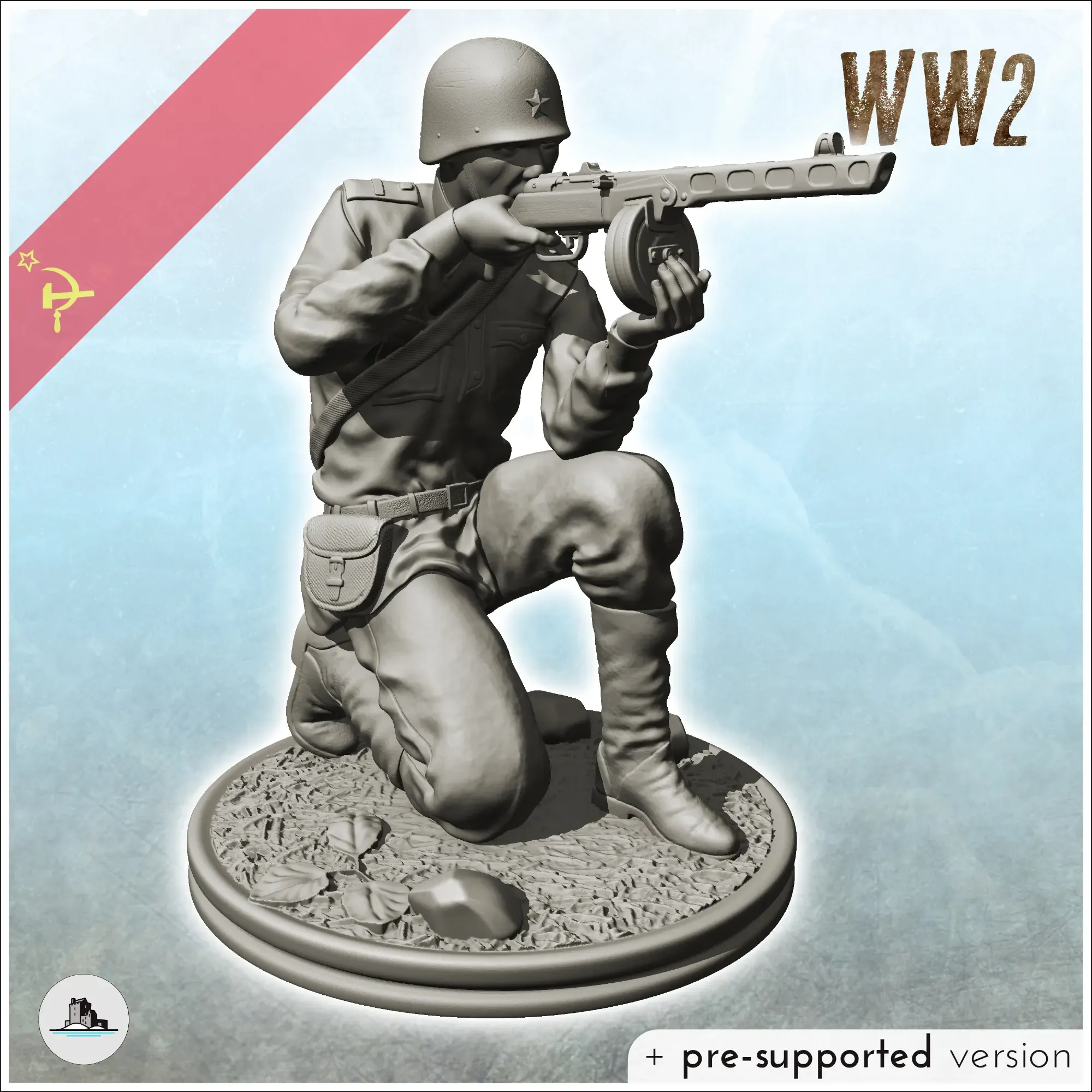 Crouching Soviet soldier firing PPSh-41 (6) - WW2 Terrain