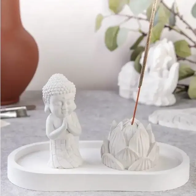 Zen Trio Incense Burner: Baby Buddha Statue & Lotus Flower