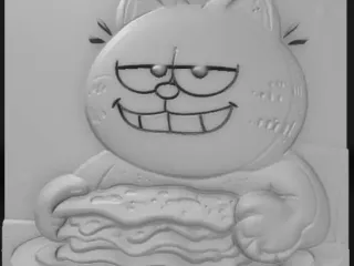 garfild, chubby orange cat with lasagna