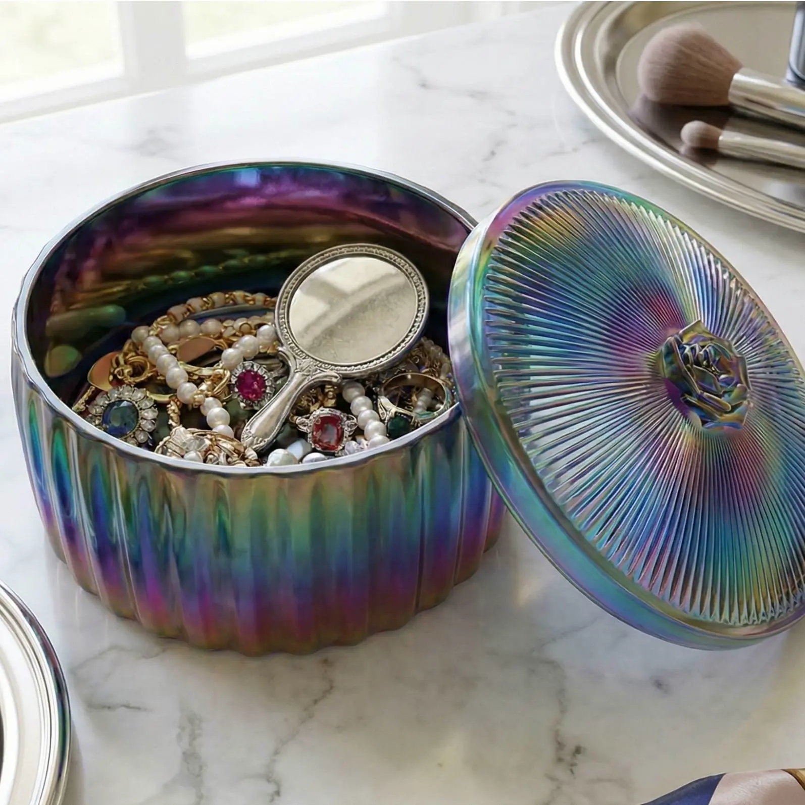 Elegant Ribbed Trinket Box with Rose Lid