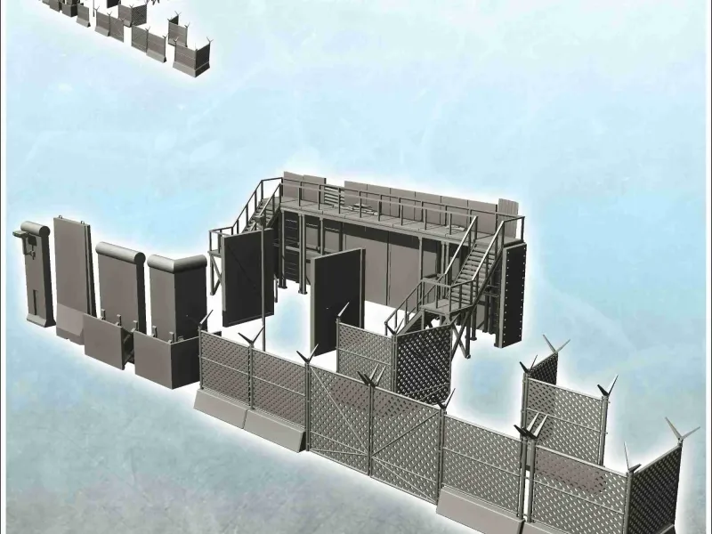 Set of concrete block, fence and barrier for fortified posit