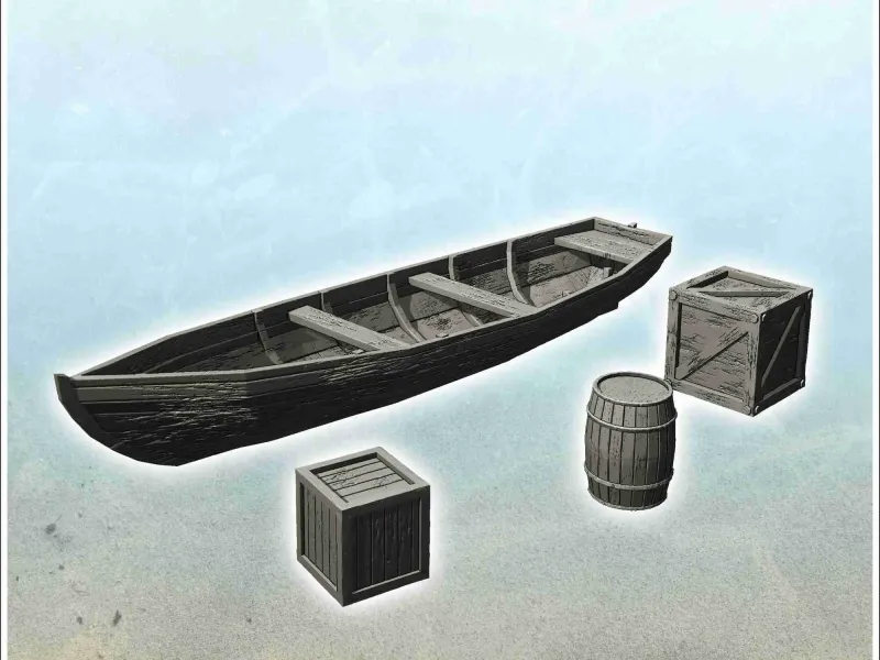 Ensemble de bateaux, caisses et tonneaux en bois (7) - Scenery Medie