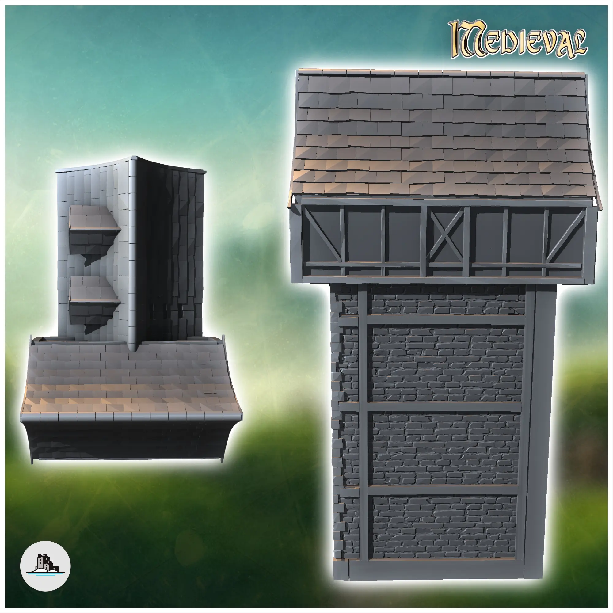 Medieval stone building with concave roof and central stairc