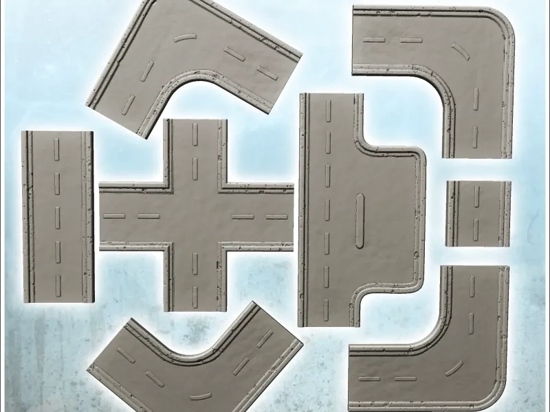 Set of modern modular roads with crossroads (10) - miniature