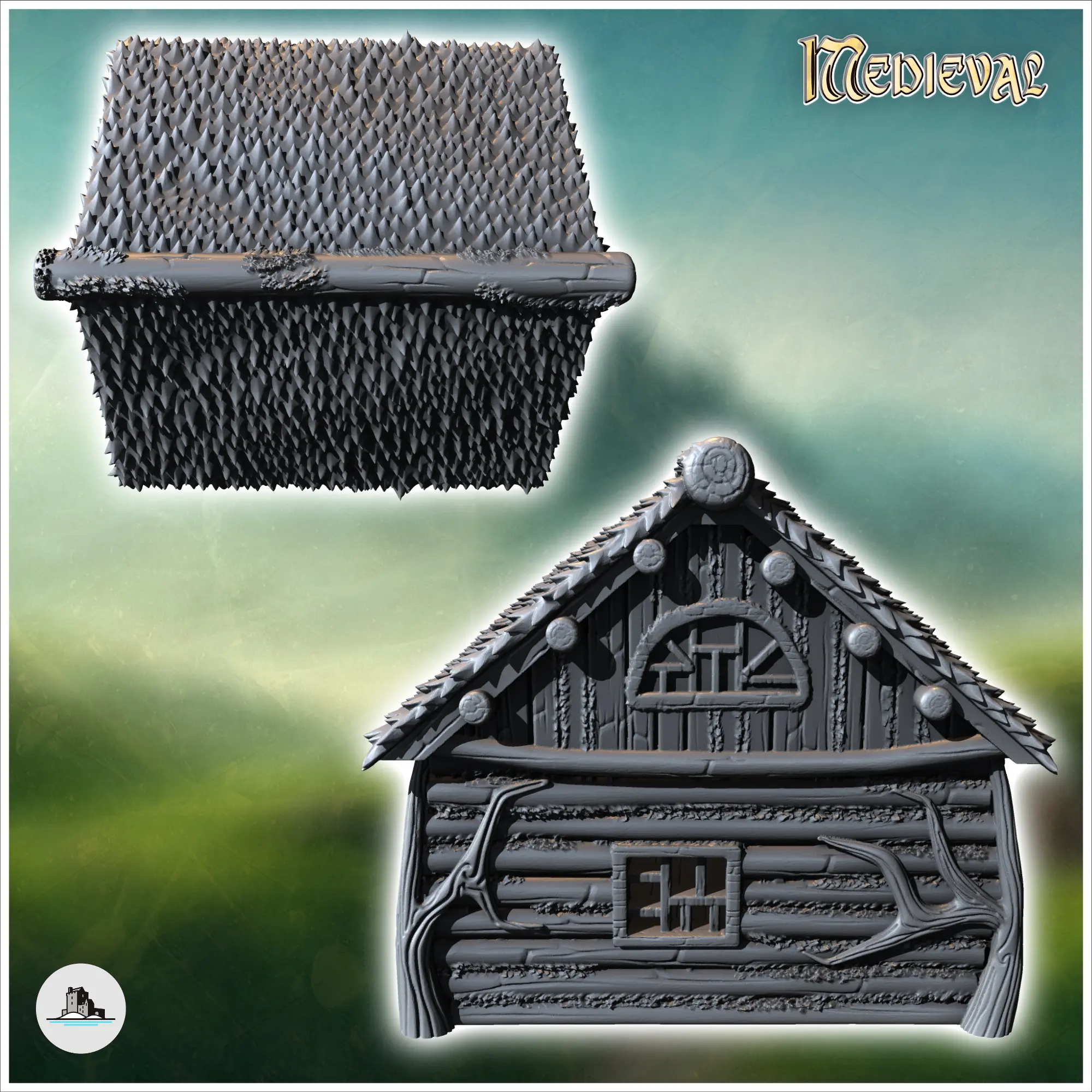 Casa medieval hobbit con puerta redonda y paredes de troncos (13) - m