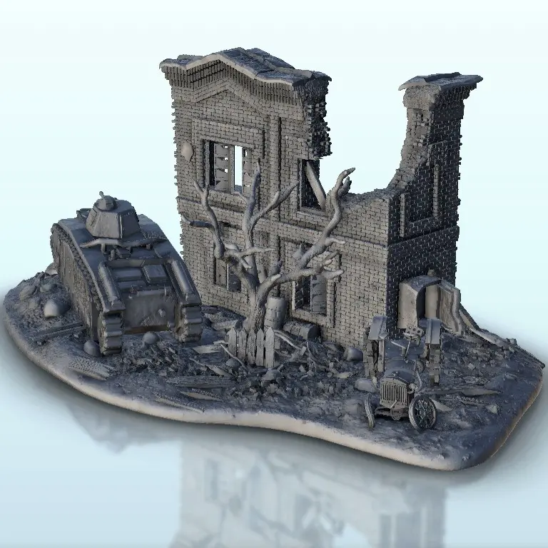 Ruins with B1-bis tank wreckage - terrain WW2 scenery mini