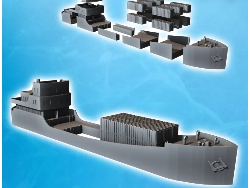 Modern cargo ship with set of containers in central forward