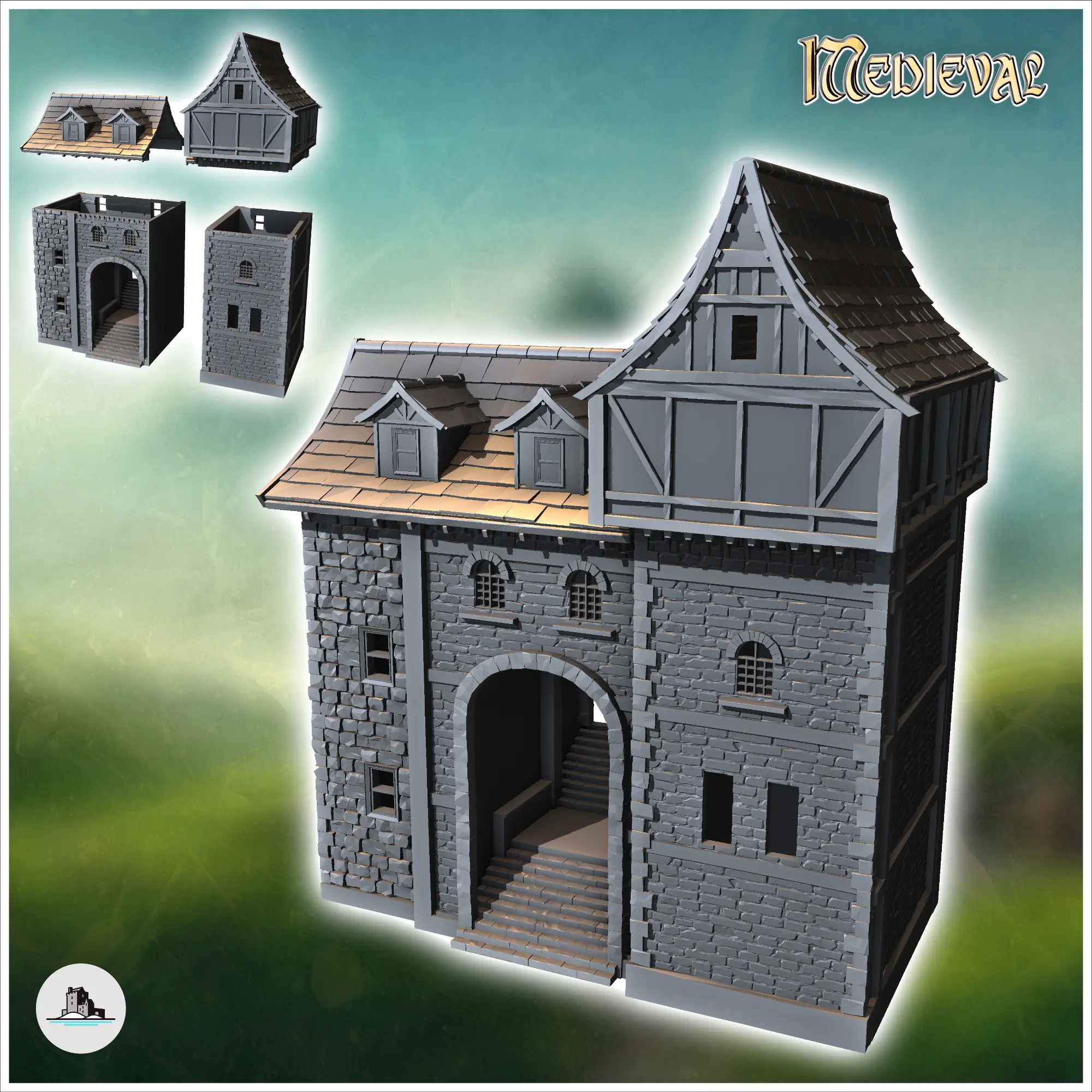 Medieval stone building with concave roof and central stairc