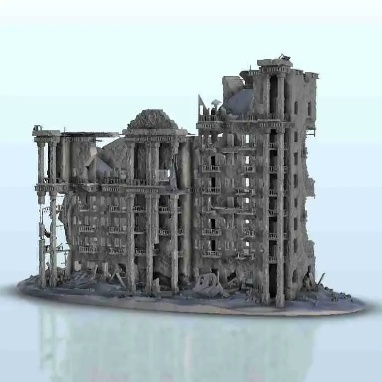 Destroyed modern appartment block 3 - modern scenery miniatu