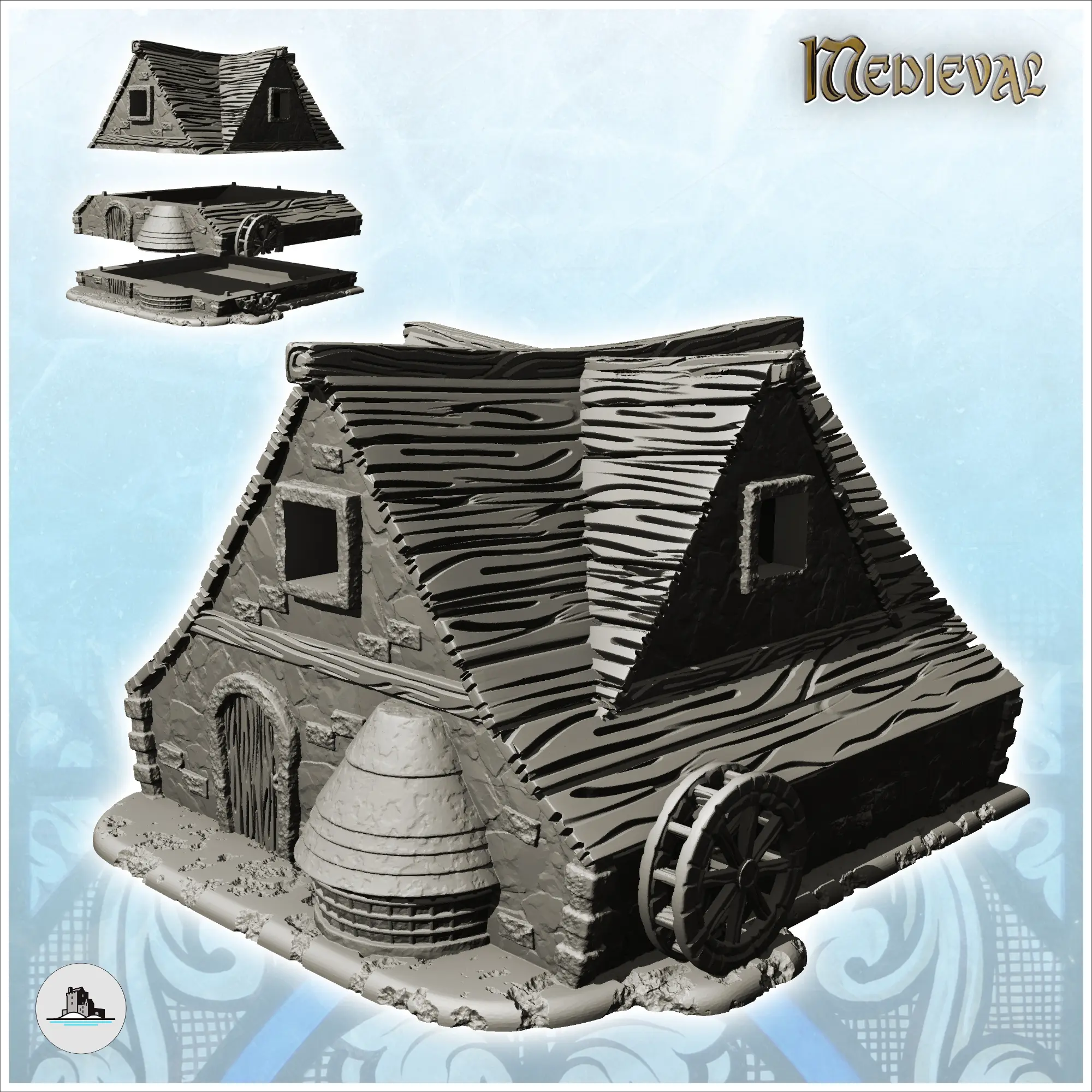 Wooden roofed mill with water wheel and floor (17) - miniatu