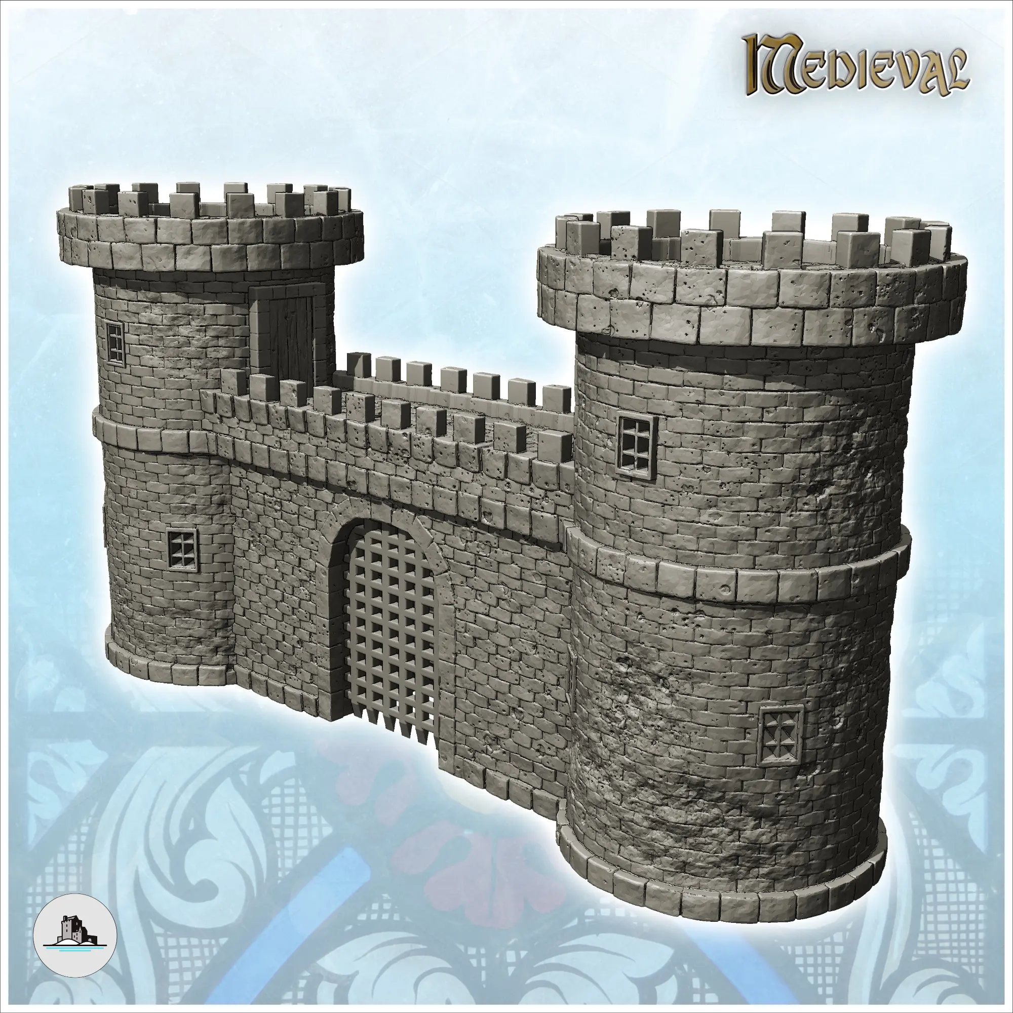 Medieval fortified entrance with double towers and metal por