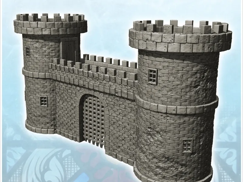 Entrada medieval fortificada con torres dobles y porche metálico