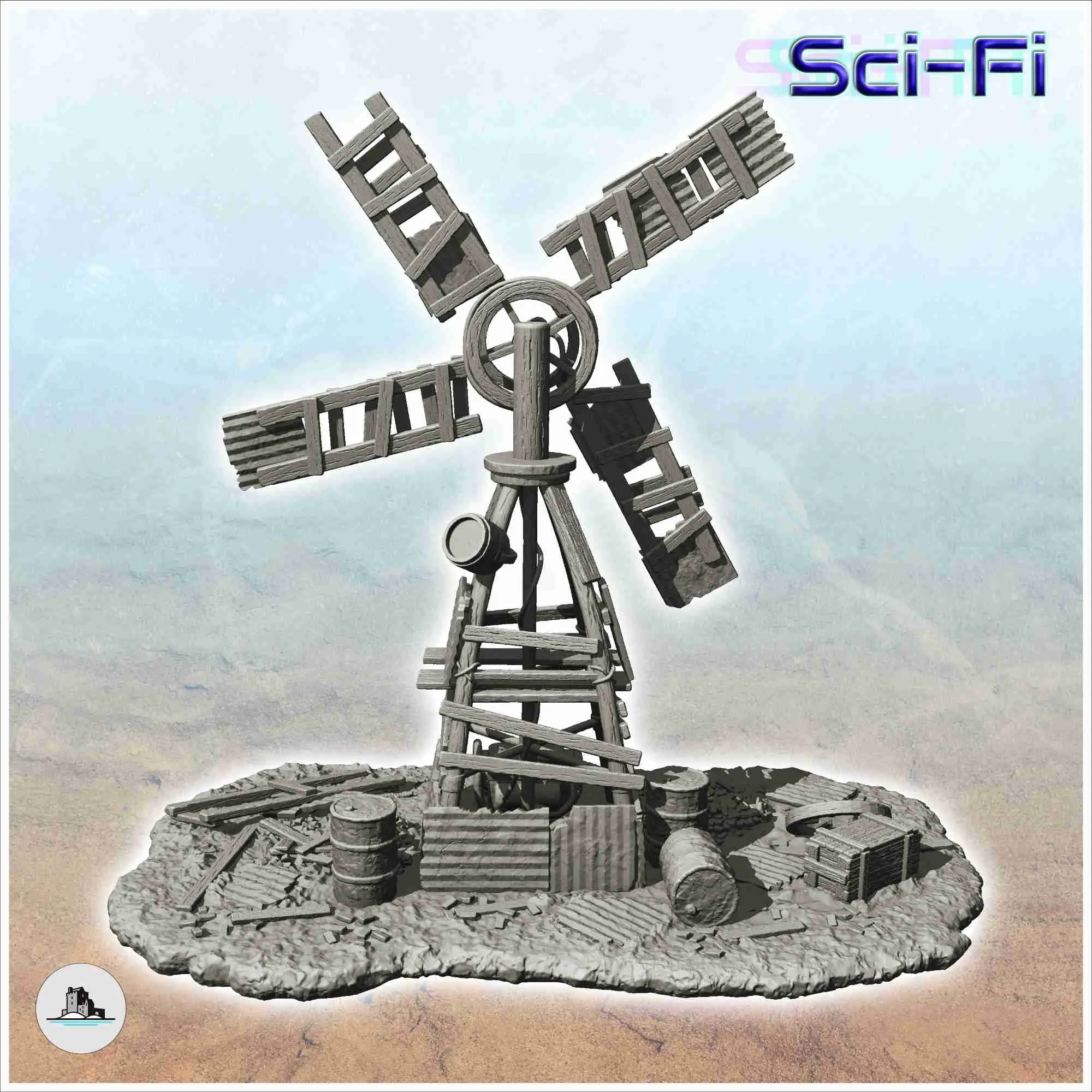 Post-apocalyptic wind turbine made of sheet metal and wood w