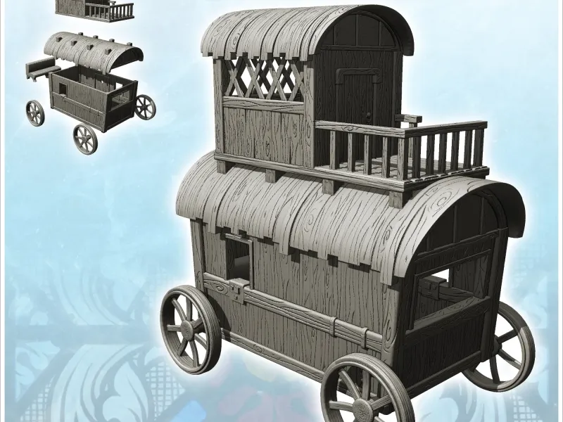 Caravan mercantile su ruote in legno con terrazza (1) - miniatu