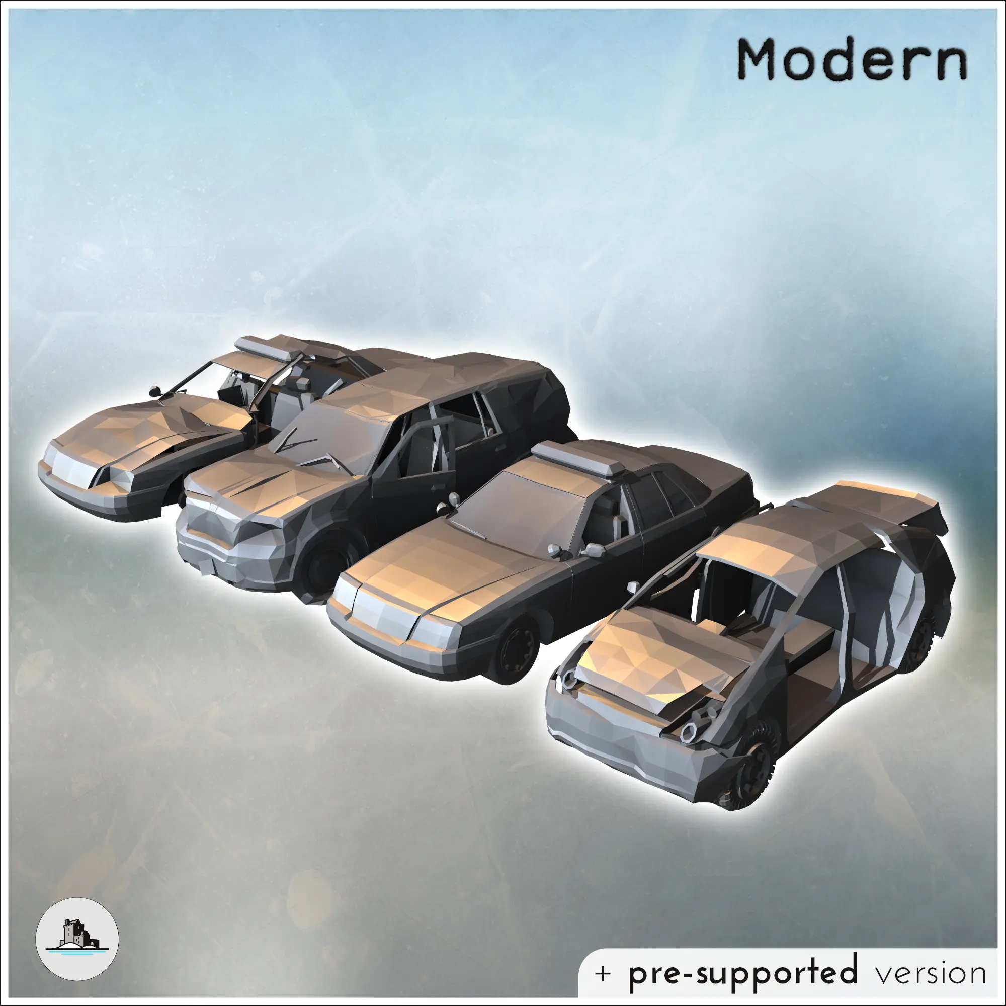 Set of four post-apocalyptic vehicles with a police car and