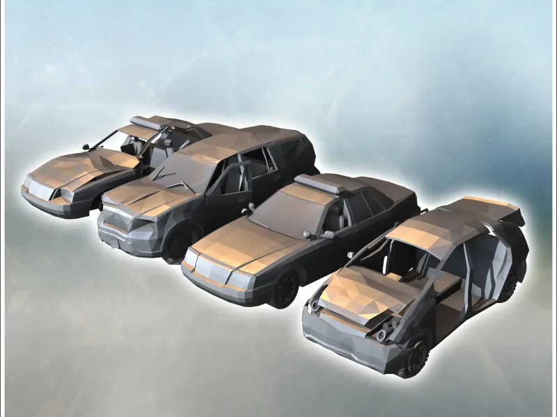 Ensemble de quatre véhicules post-apocalyptiques comprenant une voiture de police et une voiture de police