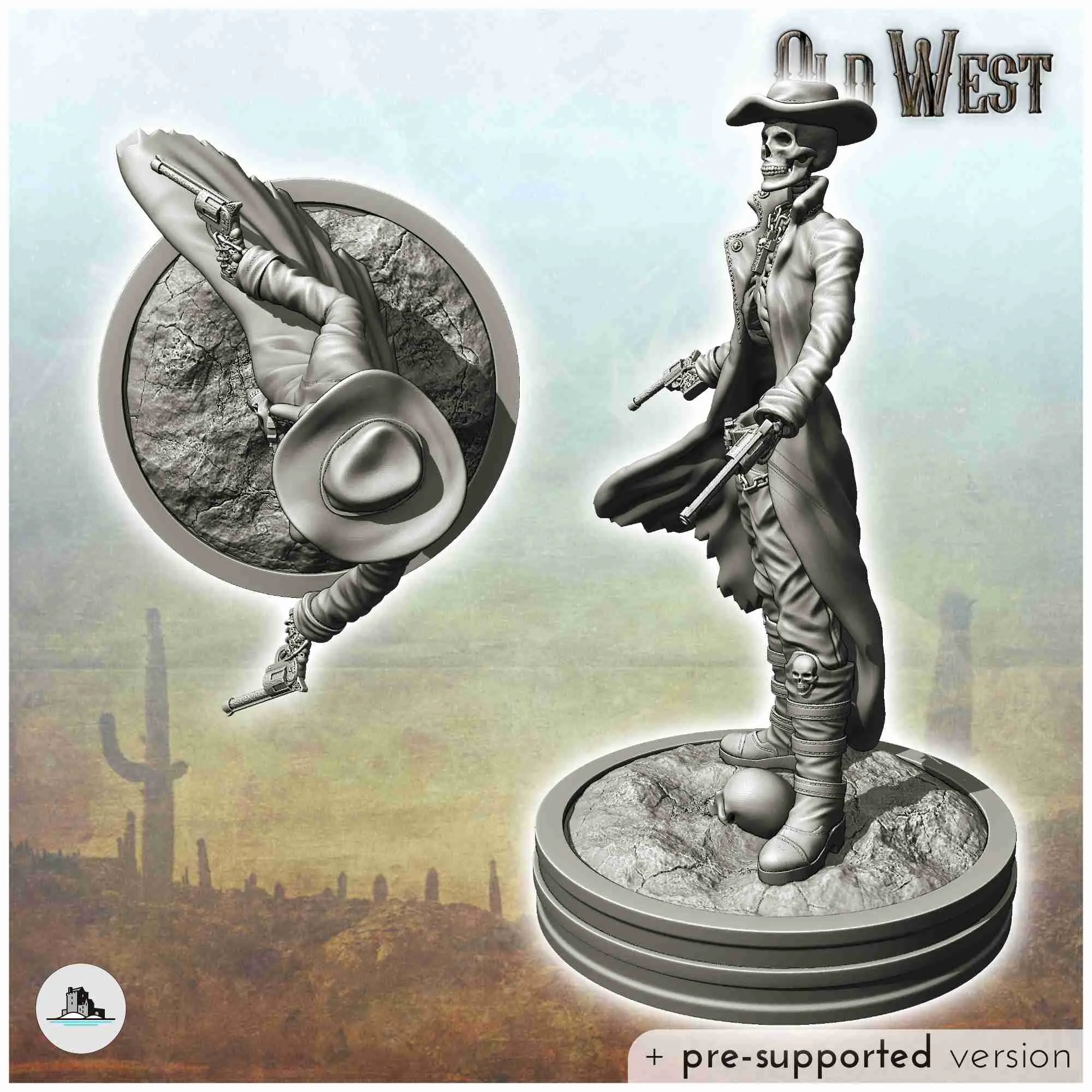 Skeleton cowboy with skull and two revolvers (10) - Old West