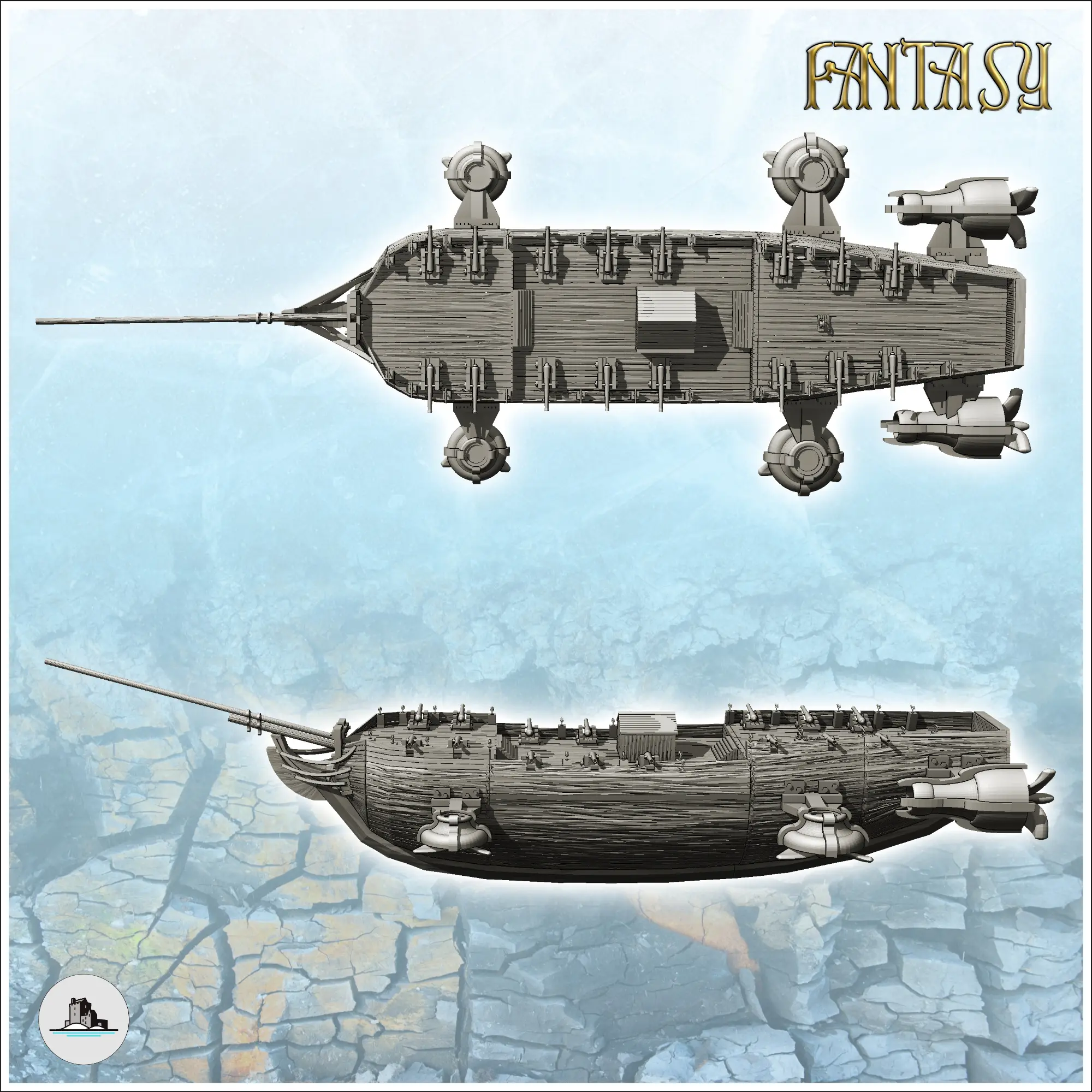 Steampunk-Schiff mit Kanonen an Deck und Antriebsreaktoren (