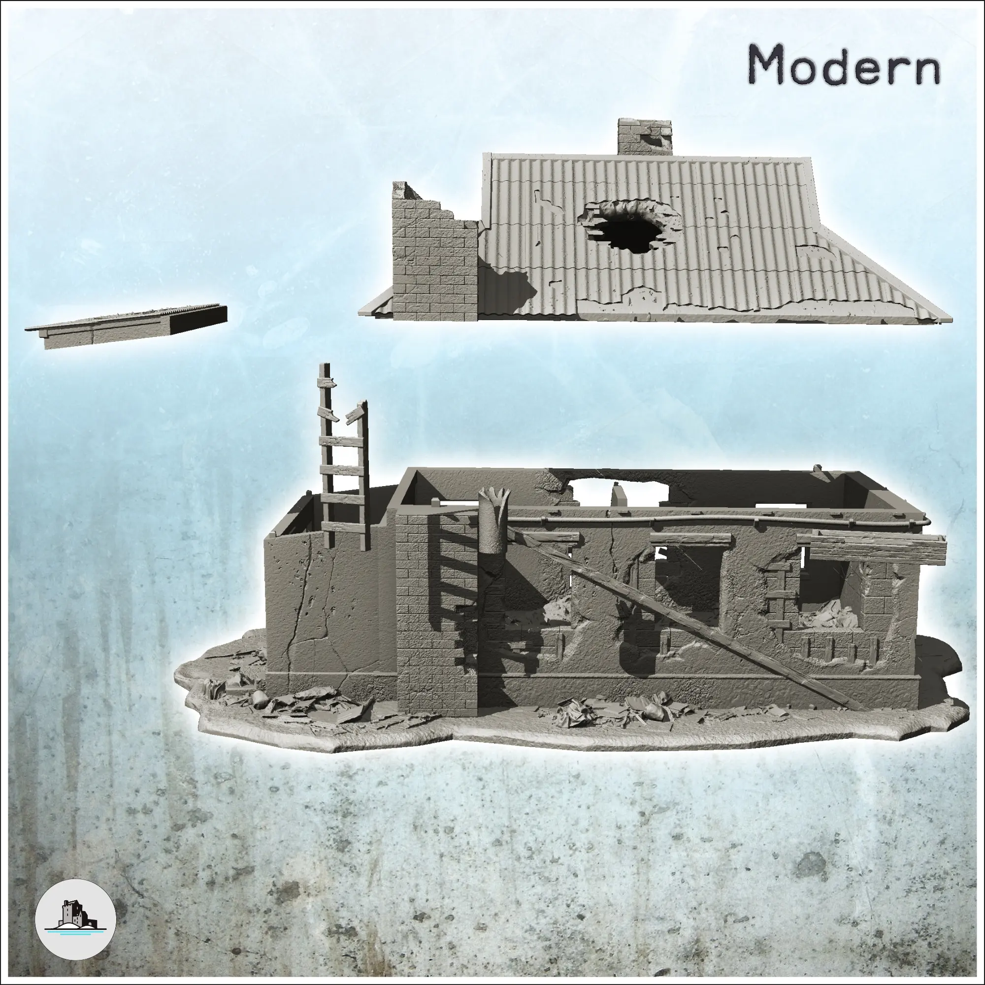 Maison moderne avec toit en tôle et cheminée extérieure (endommagée)