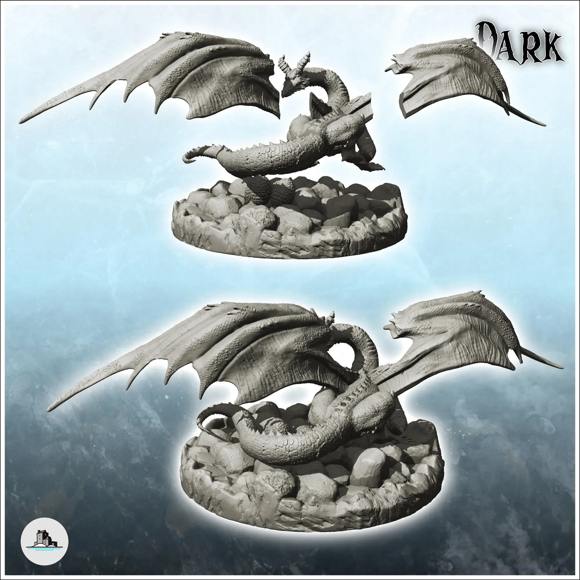 Dragon with big wings protecting his eggs - figure miniature