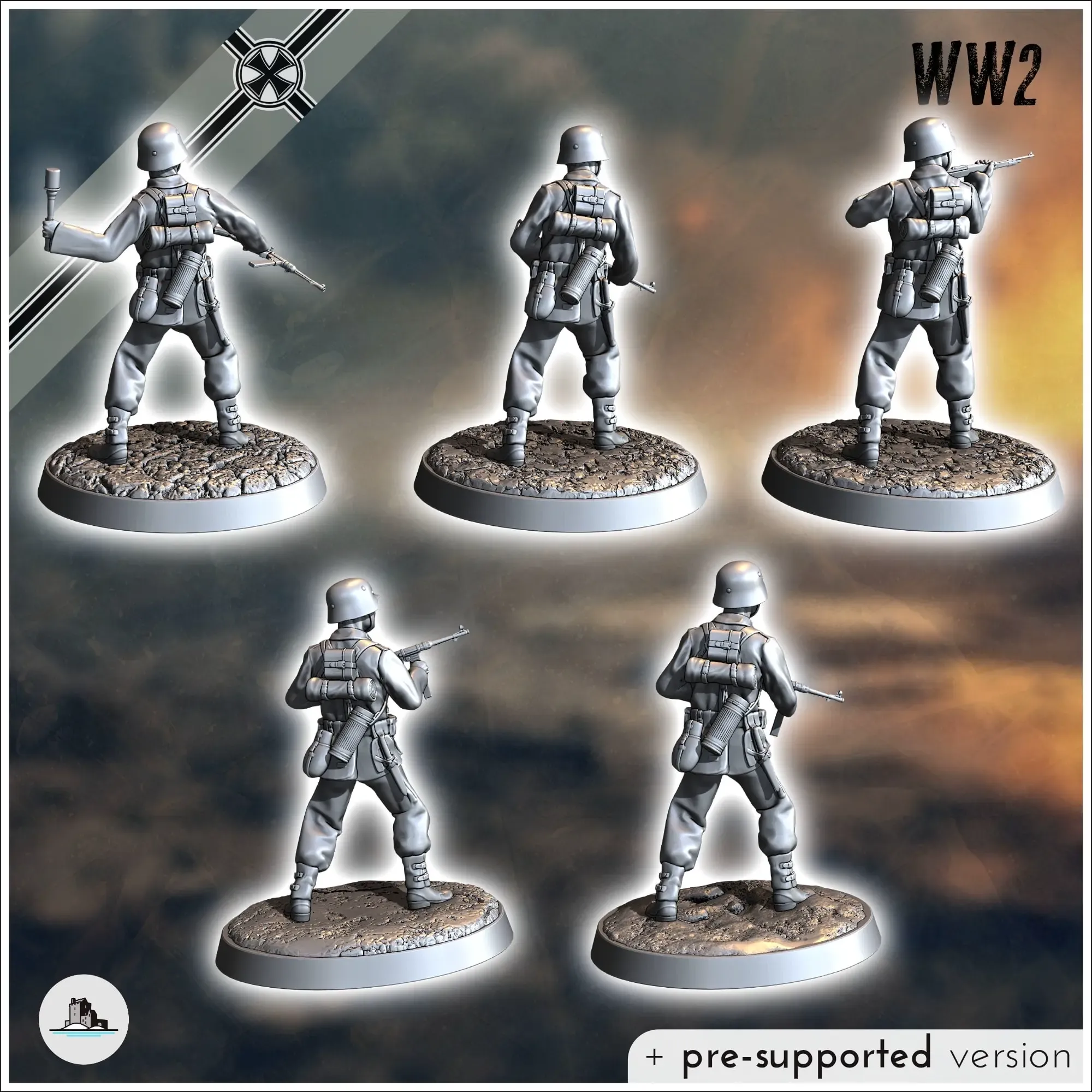 Set of five German WW2 infantry troops (with MP40 and K98k)
