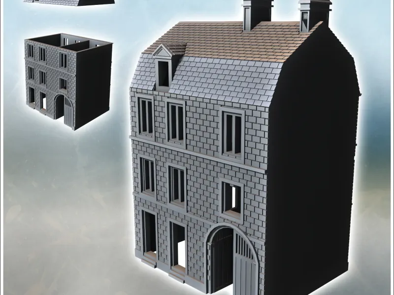 Moderna casa in mattoni a due piani con grande porta in legno e Mans
