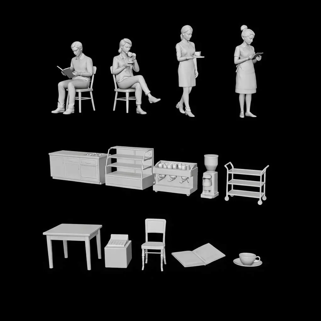 Cafe Diorama Miniature Set – Waitress, Customers & Furniture