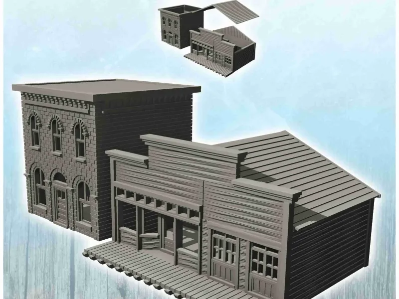 Conjunto de edifícios ocidentais em madeira (18) - cenário de miniaturas ACW
