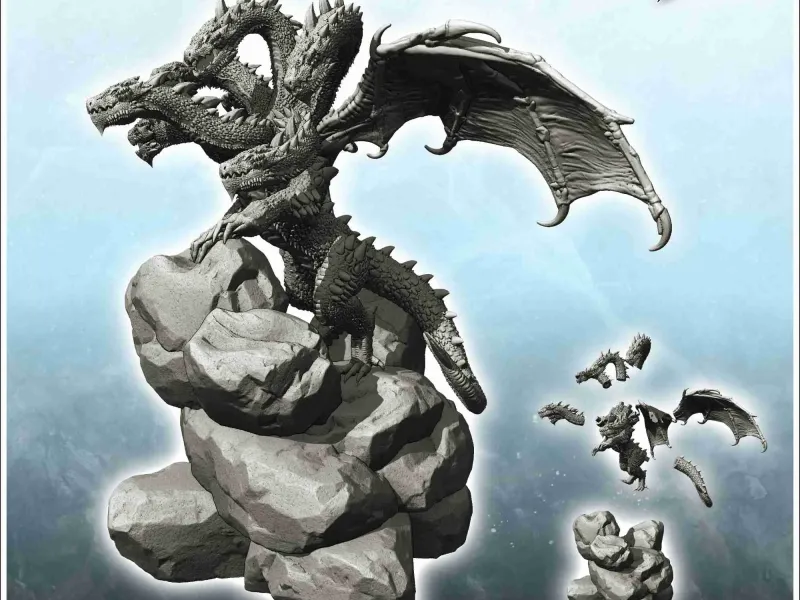 Winged hydra dragon with six heads, with spiked necks and sc