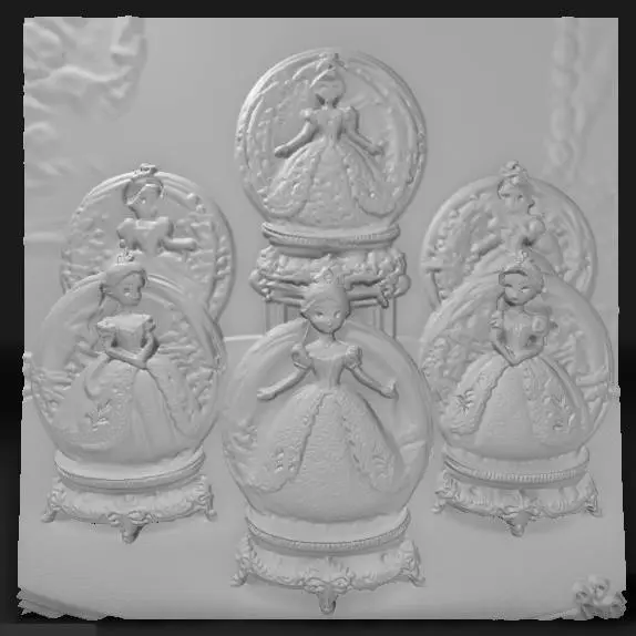 ornate crystal spheres with miniature princesses