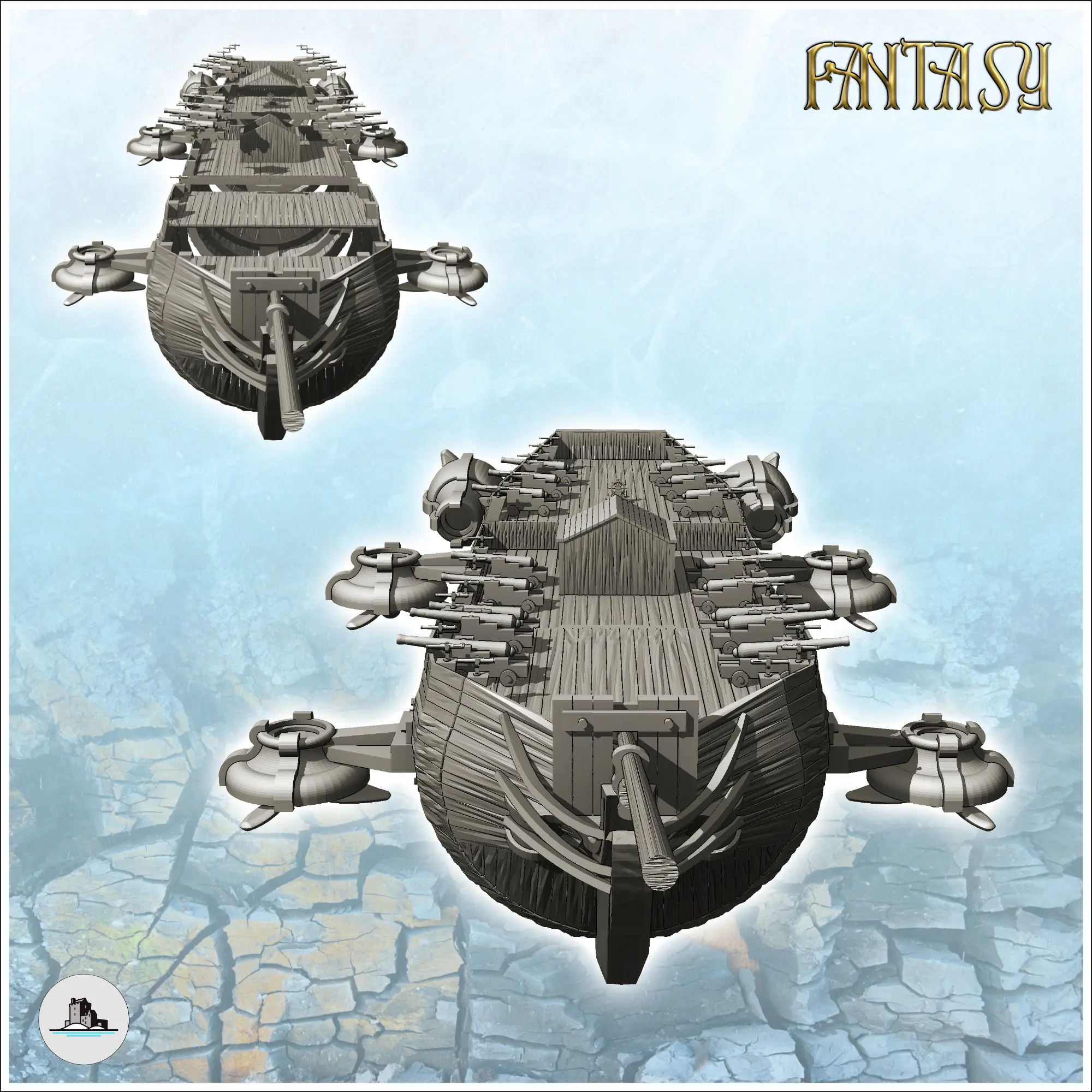 Steampunk-Schiff mit Kanonen an Deck und Antriebsreaktoren (