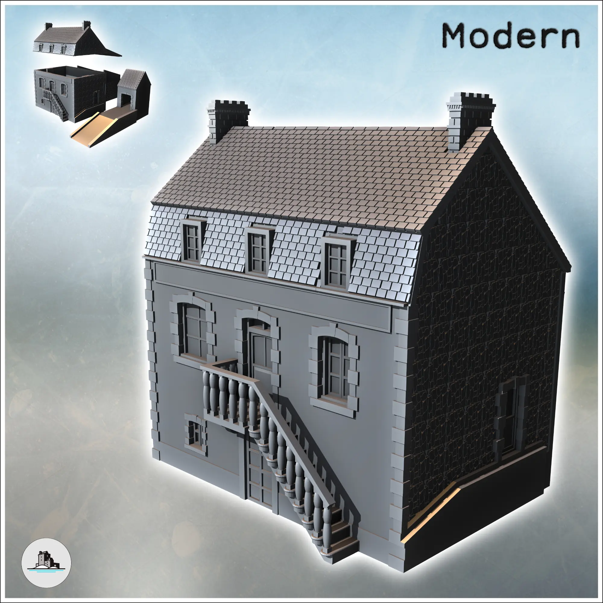 Modernes Gebäude mit Mansardendach, Zugangstreppe und Mol