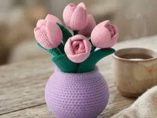 Knitted Tulips in a Textured Vase Cozy Decor