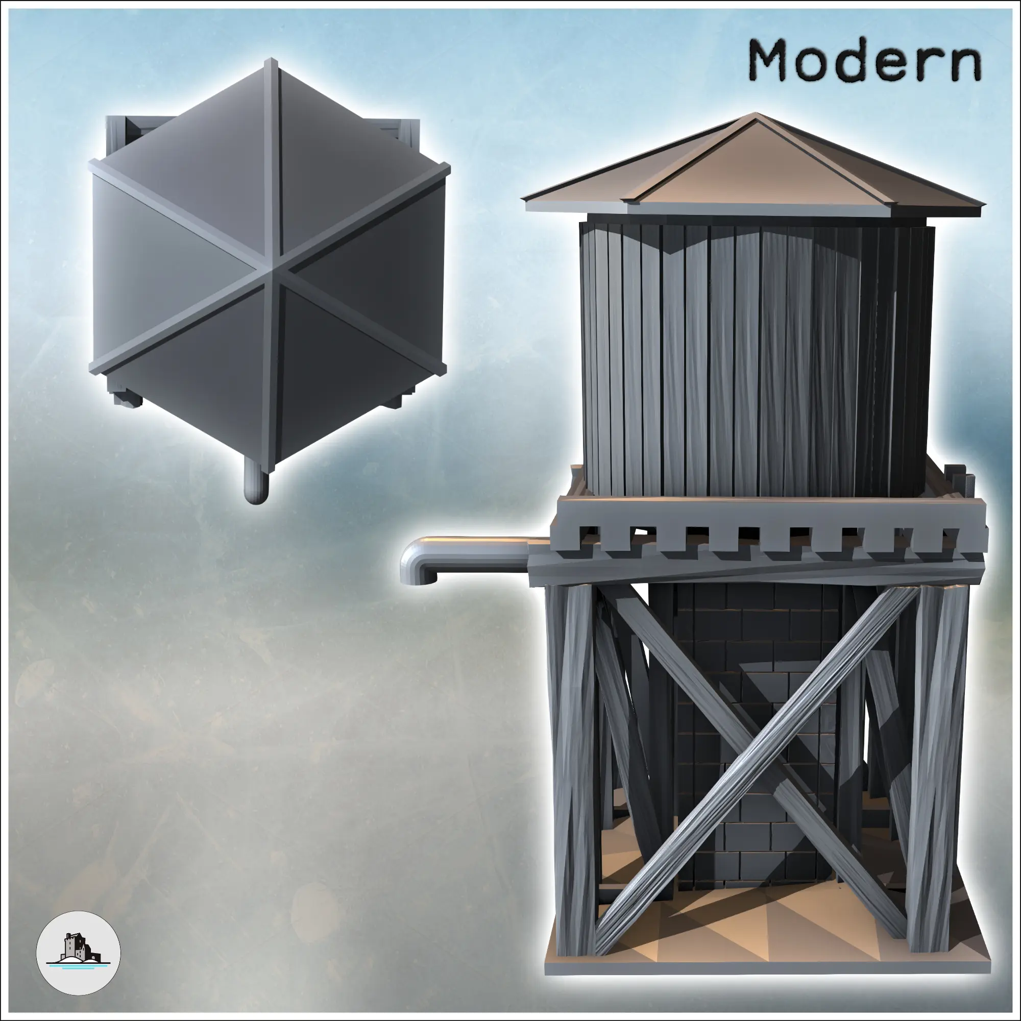 Water tank on wooden structure with metal faucet (2) - minia
