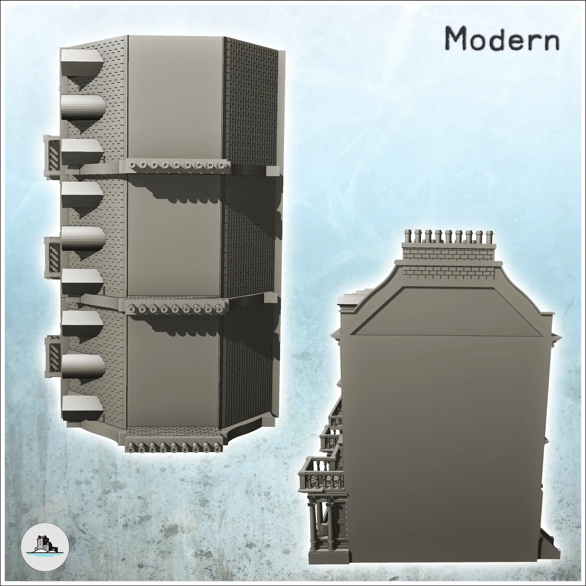 Large modern building with balcony and chimneys with low wal
