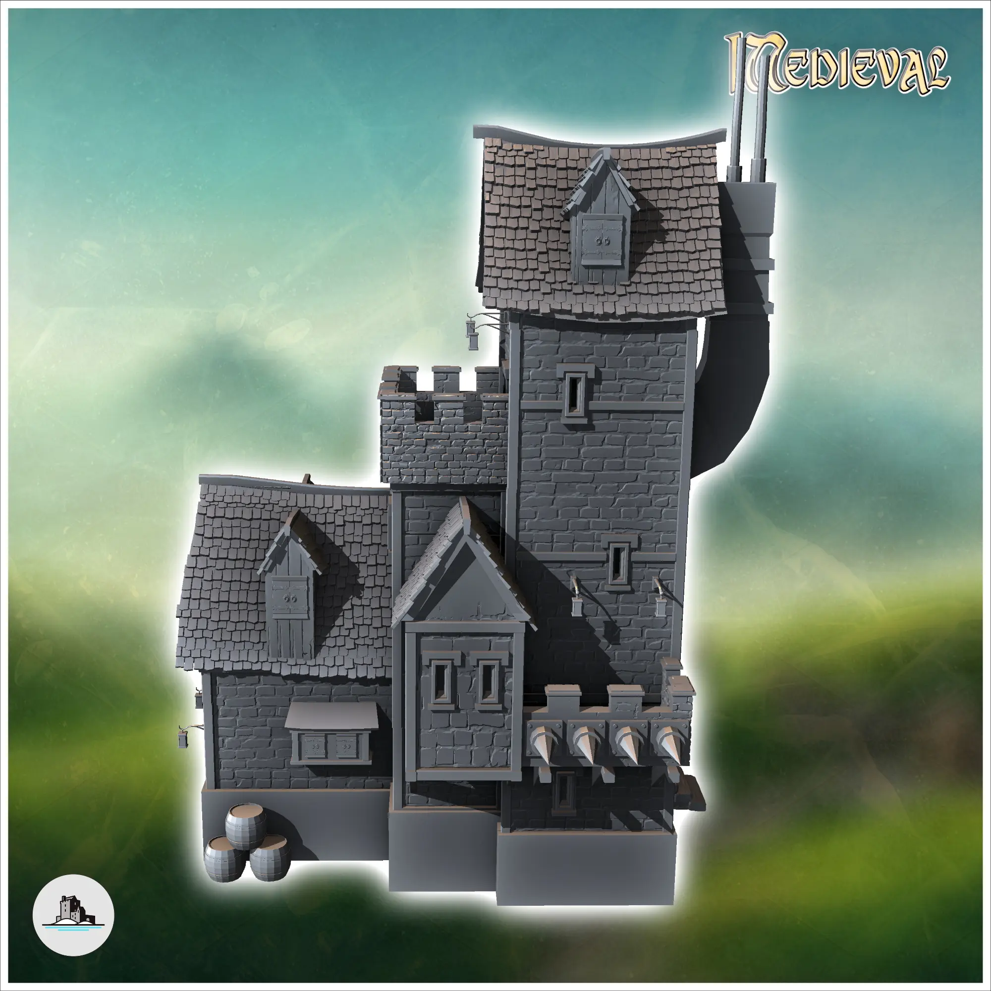 Large fortified medieval building with battlements and defen