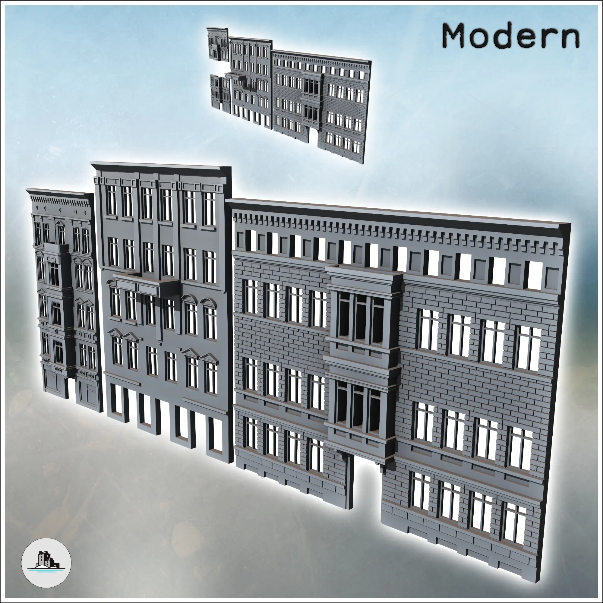 Set of three modern wall facades with bricks and bay windows