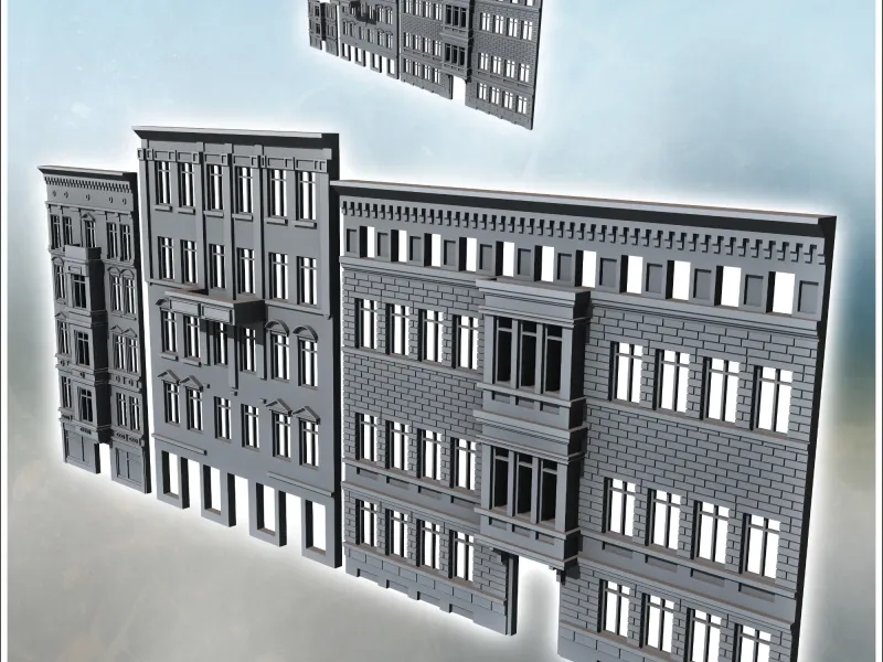 Set of three modern wall facades with bricks and bay windows
