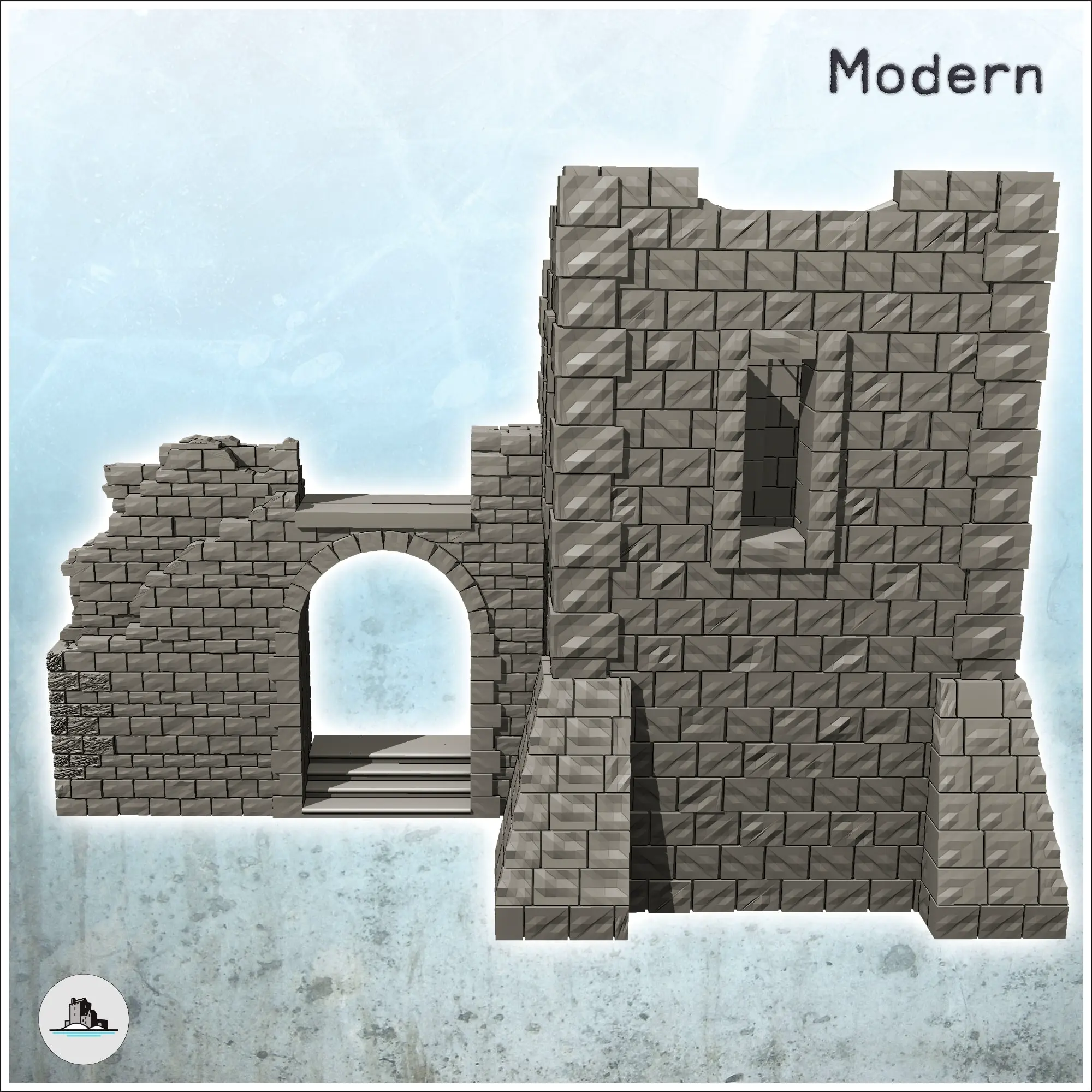 Edificio en ruinas con torre de piedra y escalera bajo arco (3