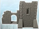 Ruined building with stone tower and staircase under arch (3-3